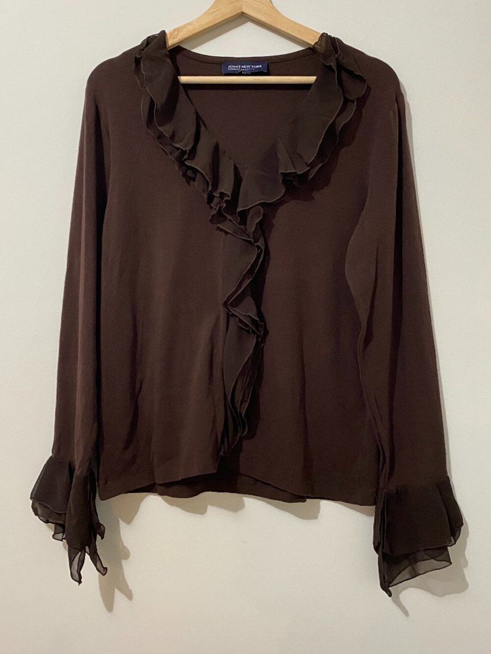 Y2K Chocolate Brown Ruffle Collar Blouse Top Whimsigoth Fairy Grunge Chiffon